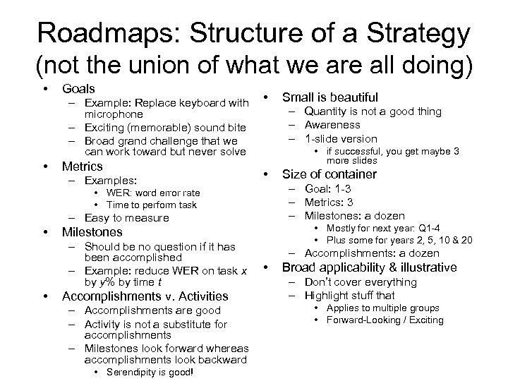 Roadmaps: Structure of a Strategy (not the union of what we are all doing)