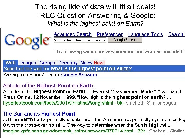 The rising tide of data will lift all boats! TREC Question Answering & Google: