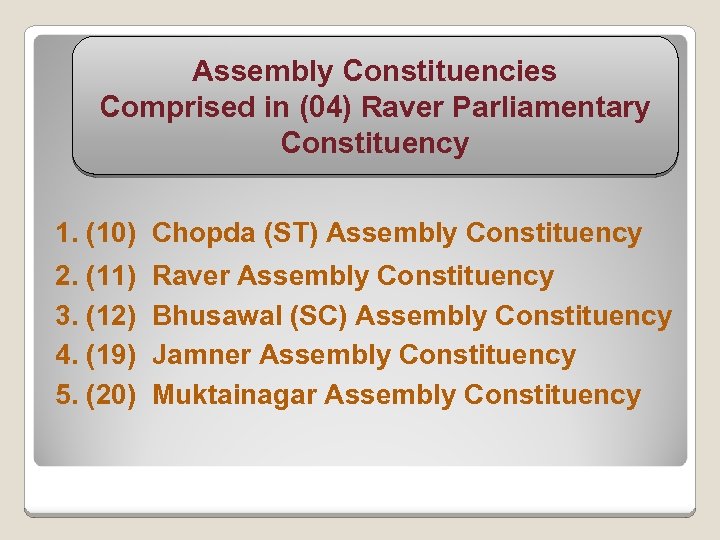 Assembly Constituencies Comprised in (04) Raver Parliamentary Constituency 1. (10) Chopda (ST) Assembly Constituency