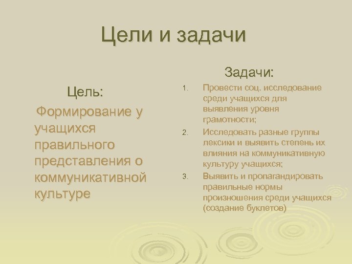 Цели и задачи Задачи: Цель: Формирование у учащихся правильного представления о коммуникативной культуре 1.