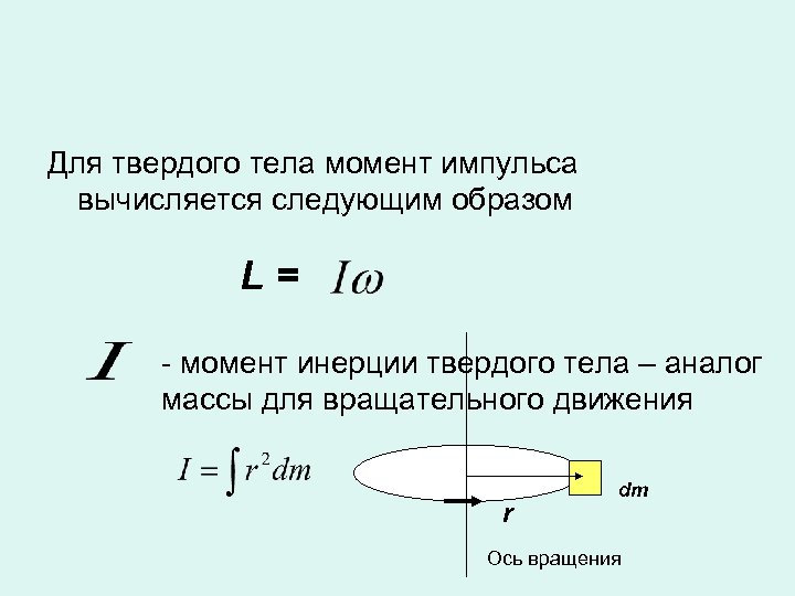 Для твердого тела момент импульса вычисляется следующим образом L = - момент инерции твердого