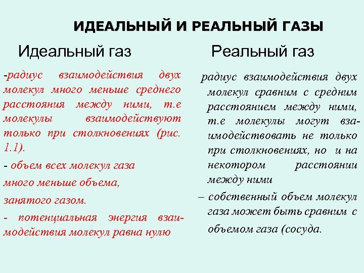 ИДЕАЛЬНЫЙ И РЕАЛЬНЫЙ ГАЗЫ Идеальный газ -радиус взаимодействия двух молекул много меньше среднего расстояния