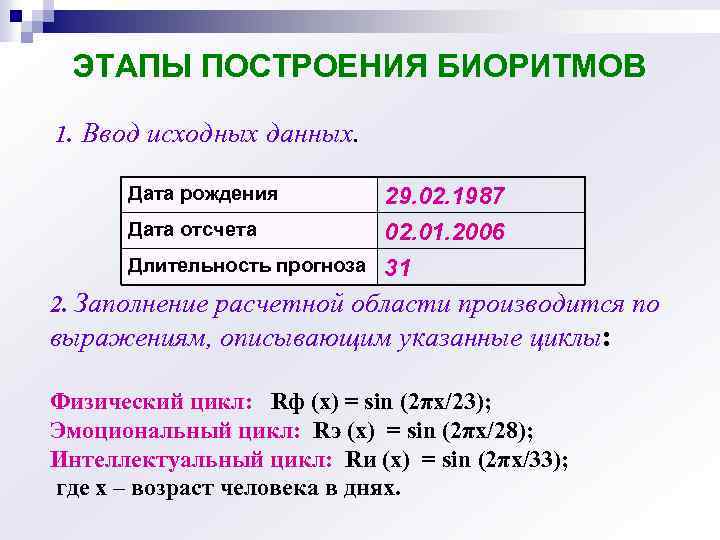 ЭТАПЫ ПОСТРОЕНИЯ БИОРИТМОВ 1. Ввод исходных данных. Дата рождения 29. 02. 1987 Дата отсчета