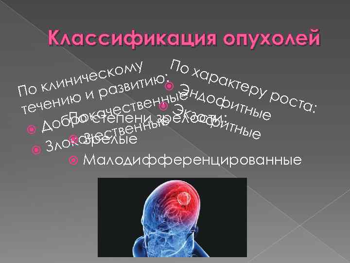 Классификация опухолей ому : По хар ческ итию акте ини ру р Энд По