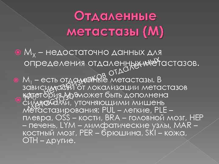 Отдаленные метастазы (М) МX – недостаточно данных для ных определения отдаленныхнметастазов. але отд ков