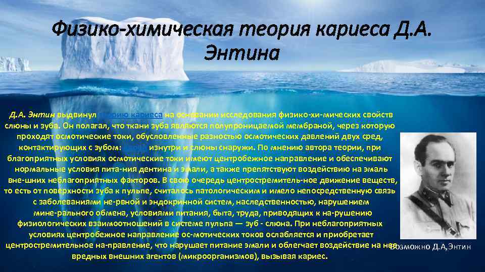 Физико-химическая теория кариеса Д. А. Энтин выдвинул теорию кариеса на основании исследования физико хи