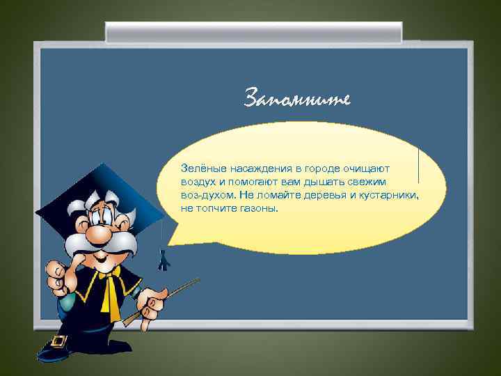 Запомните Зелёные насаждения в городе очищают воздух и помогают вам дышать свежим воз духом.
