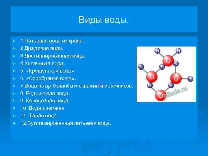 Виды воды. Ø Ø Ø 1. Питьевая вода из крана. 2. Дождевая вода. 3.