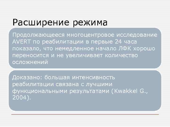 Расширение режима Продолжающееся многоцентровое исследование AVERT по реабилитации в первые 24 часа показало, что