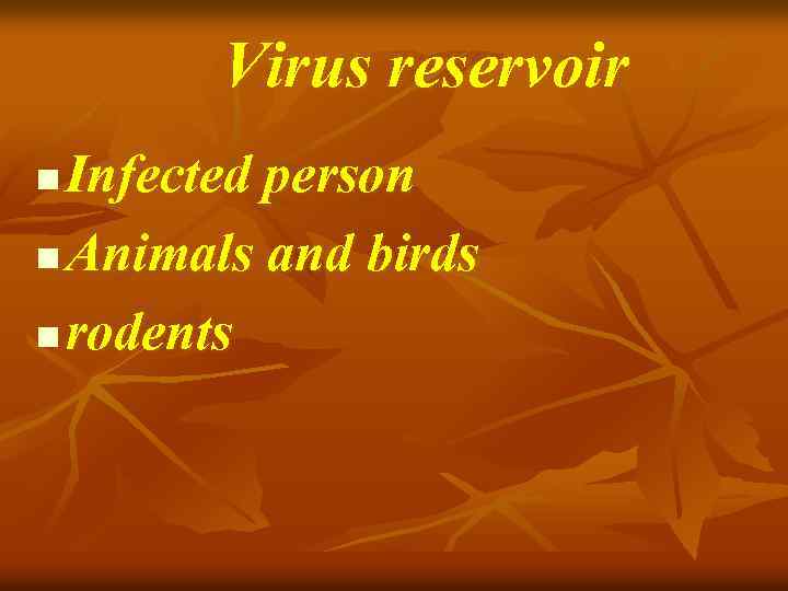Virus reservoir Infected person n Animals and birds n rodents n 