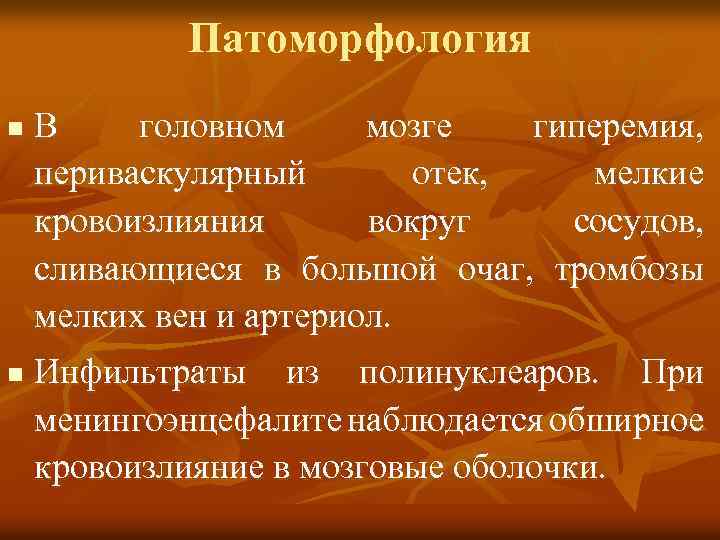 Патоморфология n n В головном мозге гиперемия, периваскулярный отек, мелкие кровоизлияния вокруг сосудов, сливающиеся