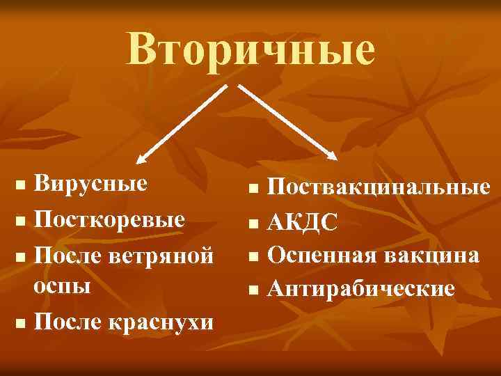 Вторичные Вирусные n Посткоревые n После ветряной оспы n После краснухи n Поствакцинальные n