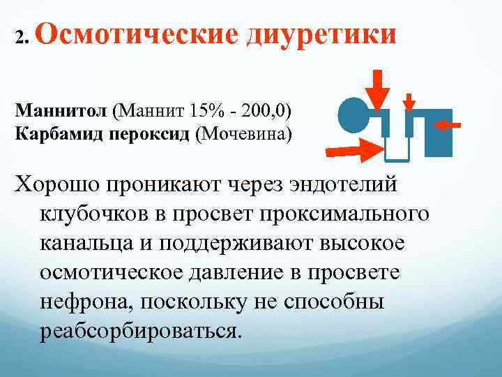 2. Осмотические диуретики Маннитол (Маннит 15% - 200, 0) Карбамид пероксид (Мочевина) Хорошо проникают