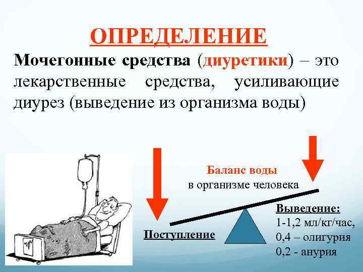 ОПРЕДЕЛЕНИЕ Мочегонные средства (диуретики) – это лекарственные средства, усиливающие диурез (выведение из организма воды)