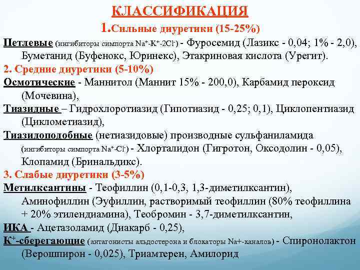 КЛАССИФИКАЦИЯ 1. Сильные диуретики (15 -25%) Петлевые (ингибиторы симпорта Na+-K+-2 Cl-) - Фуросемид (Лазикс