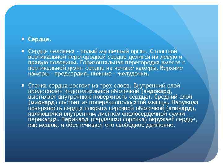  Сердце человека – полый мышечный орган. Сплошной вертикальной перегородкой сердце делится на левую