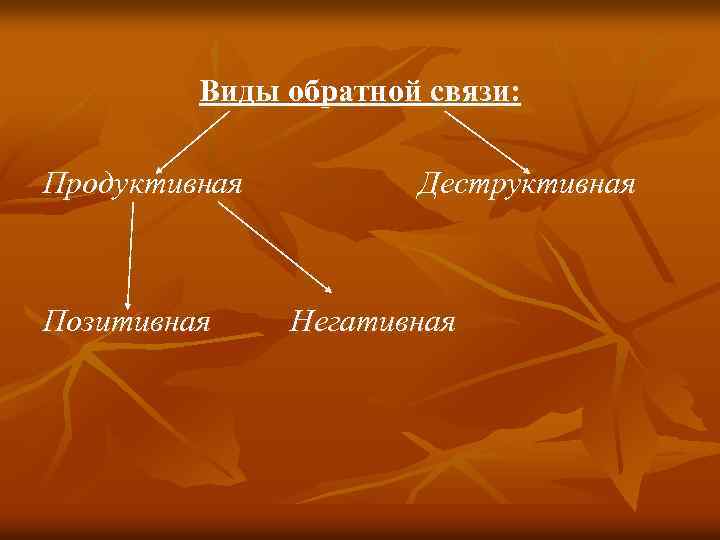 Виды обратной связи: Продуктивная Позитивная Деструктивная Негативная 