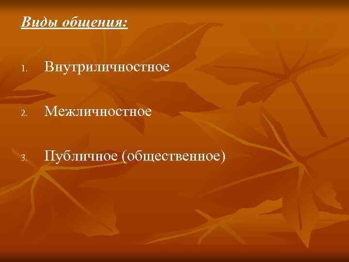 Виды общения: 1. Внутриличностное 2. Межличностное 3. Публичное (общественное) 