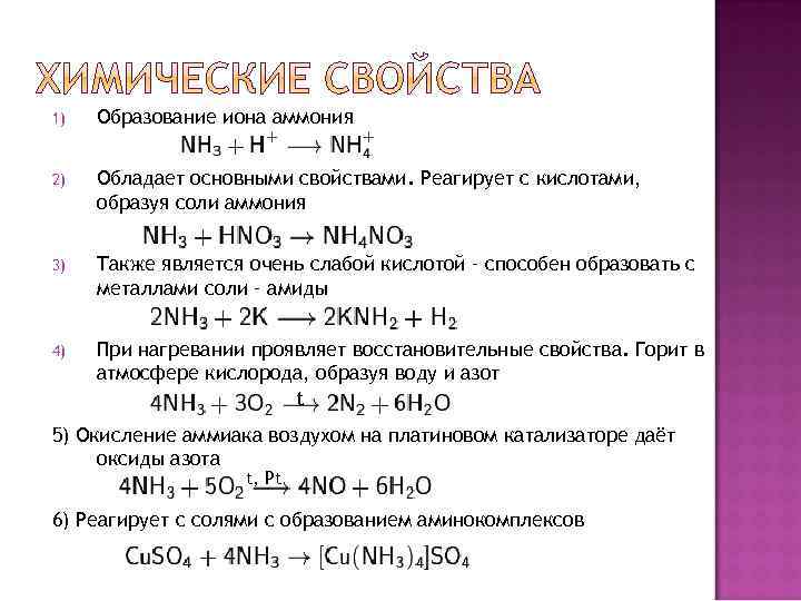 1) Образование иона аммония 2) Обладает основными свойствами. Реагирует с кислотами, образуя соли аммония