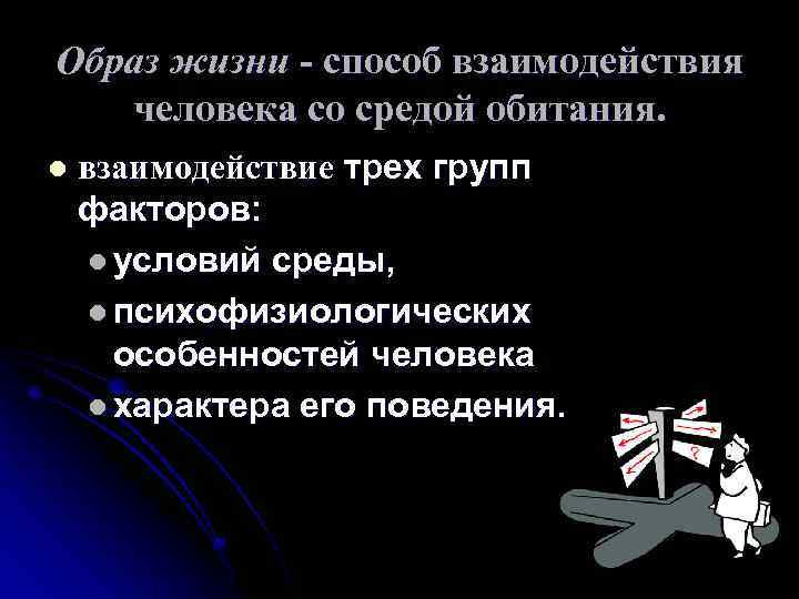 Образ жизни - способ взаимодействия человека со средой обитания. l взаимодействие трех групп факторов: