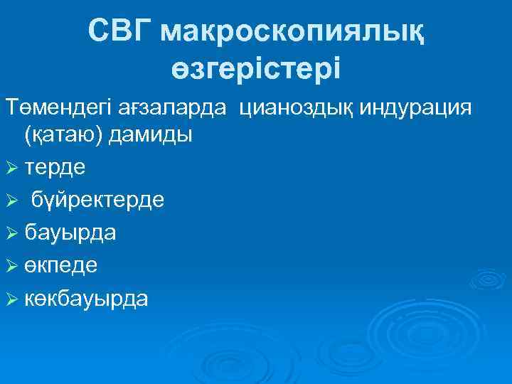 СВГ макроскопиялық өзгерістері Төмендегі ағзаларда цианоздық индурация (қатаю) дамиды Ø терде Ø бүйректерде Ø