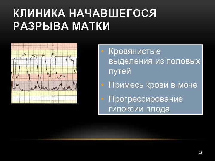 КЛИНИКА НАЧАВШЕГОСЯ РАЗРЫВА МАТКИ • Кровянистые выделения из половых путей • Примесь крови в