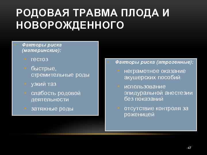 РОДОВАЯ ТРАВМА ПЛОДА И НОВОРОЖДЕННОГО • Факторы риска (материнские): • гестоз • Факторы риска