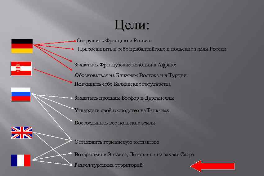 Цели: Сокрушить Францию и Россию Присоединить к себе прибалтийские и польские земли России Захватить