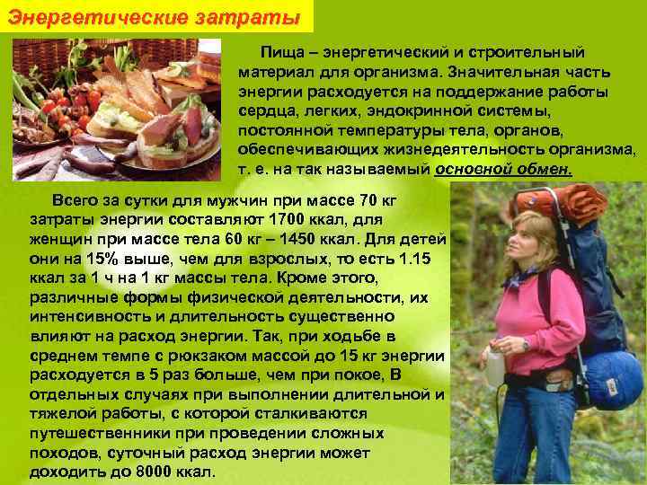Энергетические затраты Пища – энергетический и строительный материал для организма. Значительная часть энергии расходуется
