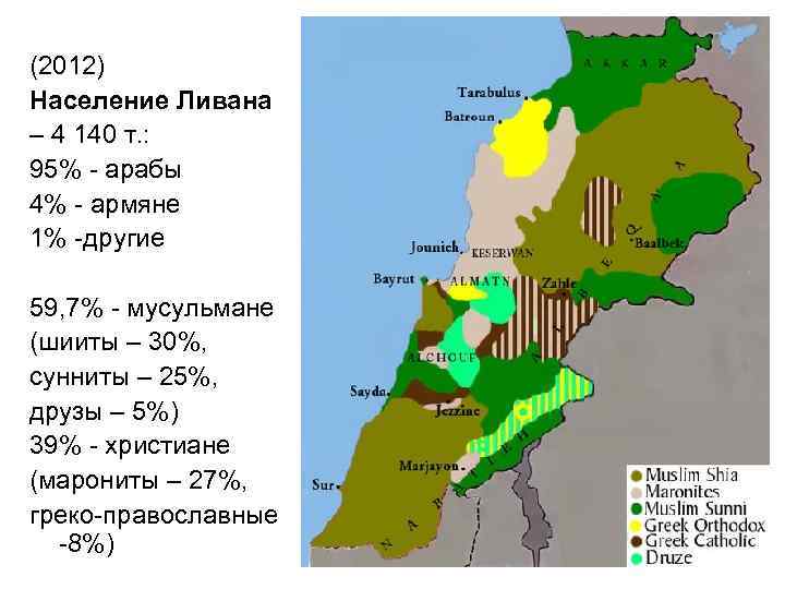 (2012) Население Ливана – 4 140 т. : 95% - арабы 4% - армяне