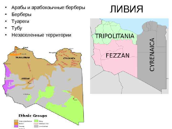  • • • Арабы и арабоязычные берберы Берберы Туареги Тубу Незаселенные территории ЛИВИЯ