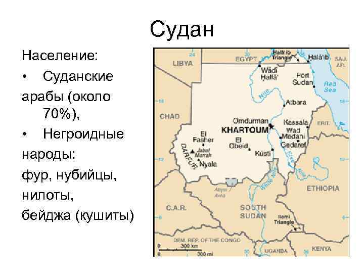 Судан Население: • Суданские арабы (около 70%), • Негроидные народы: фур, нубийцы, нилоты, бейджа