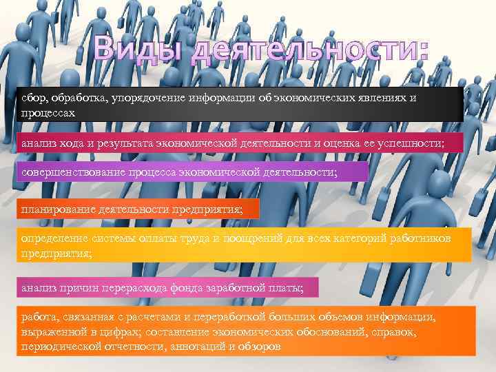 Виды деятельности: сбор, обработка, упорядочение информации об экономических явлениях и процессах анализ хода и