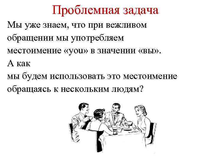 Проблемная задача Мы уже знаем, что при вежливом обращении мы употребляем местоимение «you» в