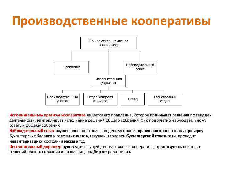 Производственные кооперативы Исполнительным органом кооператива является его правление, которое принимает решения по текущей деятельности,