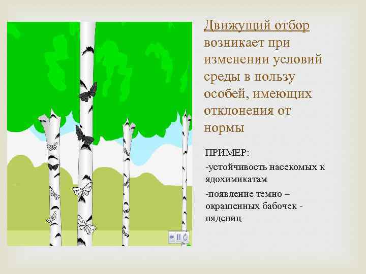 Движущий отбор возникает при изменении условий среды в пользу особей, имеющих отклонения от нормы