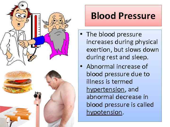 Blood Pressure • The blood pressure increases during physical exertion, but slows down during