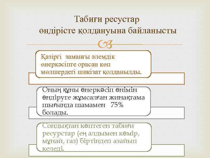 Табиғи ресустар өндірісте қолдануына байланысты Қазіргі заманғы әлемдік өнеркәсіпте орасан көп мөлшердегі шикізат қолданылды.