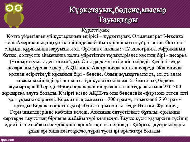 Күркетауық, бөдене, мысыр Тауықтары Күркетауық Қолға үйретілген үй құстарының ең ірісі – күркетауық. Ол