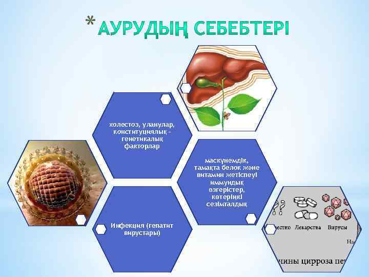 * холестоз, уланулар, конституциялық – генетикалық факторлар маскүнемдік, тамақта белок және витамин жетіспеуі иммундық