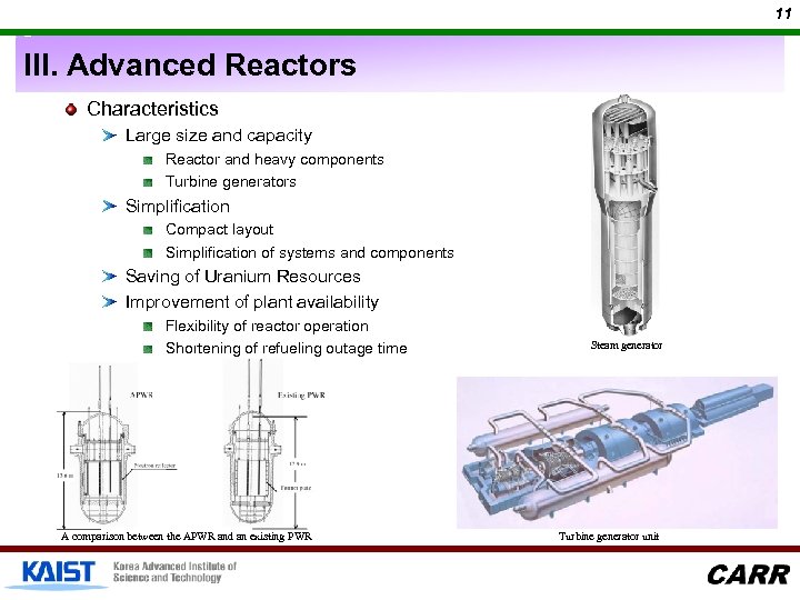 11 III. Advanced Reactors Characteristics Large size and capacity Reactor and heavy components Turbine