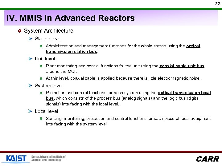 22 IV. MMIS in Advanced Reactors System Architecture Station level Administration and management functions