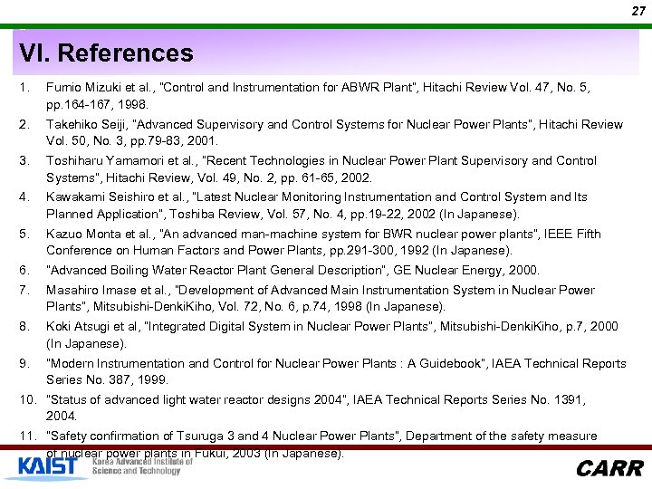 27 VI. References 1. Fumio Mizuki et al. , “Control and Instrumentation for ABWR