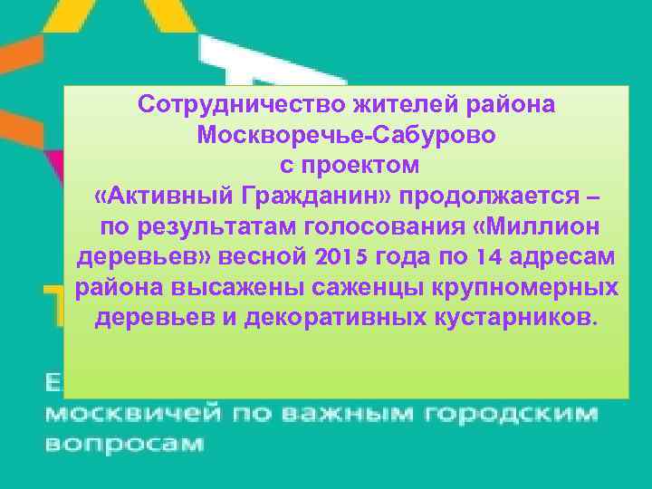 Сотрудничество жителей района Москворечье-Сабурово с проектом «Активный Гражданин» продолжается – по результатам голосования «Миллион