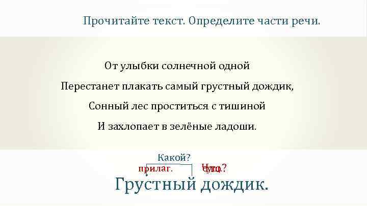 Прочитайте текст. Определите части речи. От улыбки солнечной одной Перестанет плакать самый грустный дождик,