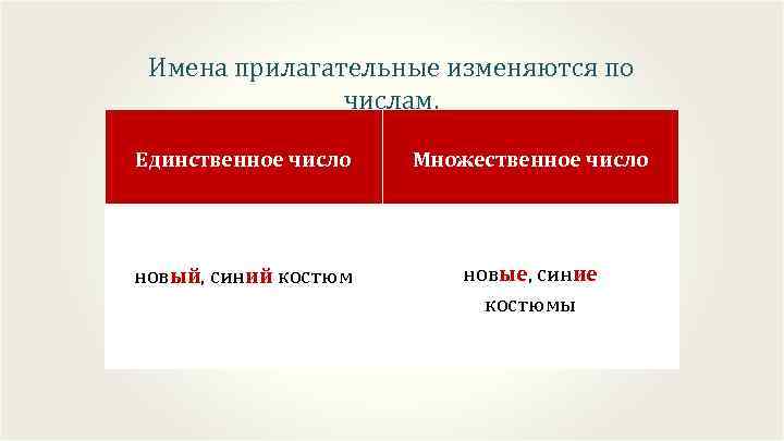 Имена прилагательные изменяются по числам. Единственное число Множественное число новый, синий костюм новые, синие