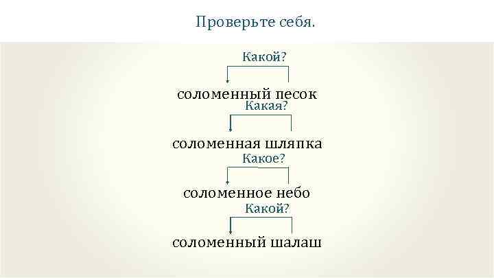Проверьте себя. Какой? соломенный песок Какая? соломенная шляпка Какое? соломенное небо Какой? соломенный шалаш