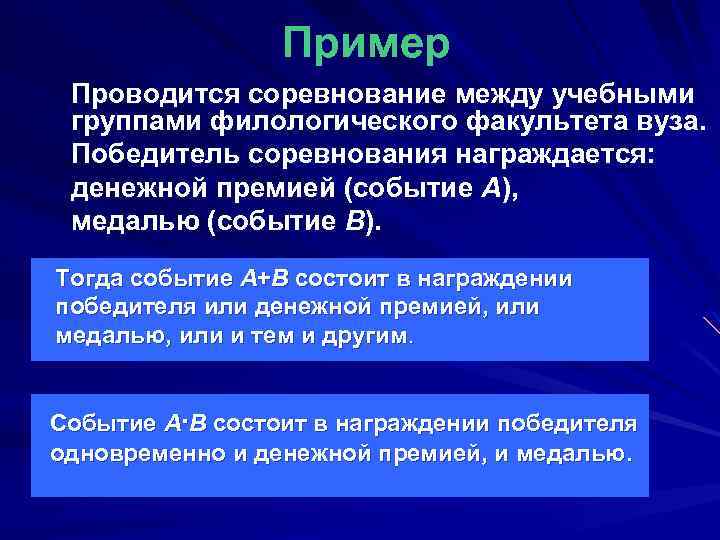 Пример Проводится соревнование между учебными группами филологического факультета вуза. Победитель соревнования награждается: денежной премией