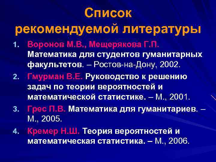 Список рекомендуемой литературы 1. Воронов М. В. , Мещерякова Г. П. 2. 3. 4.