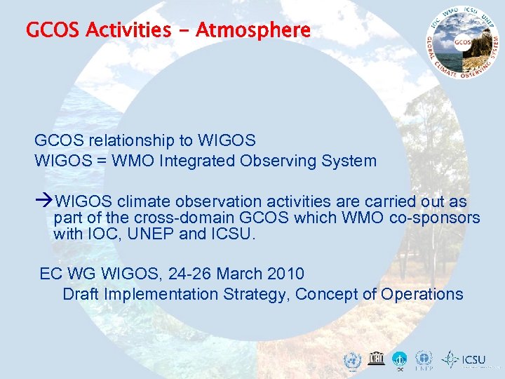 GCOS Activities - Atmosphere GCOS relationship to WIGOS = WMO Integrated Observing System WIGOS